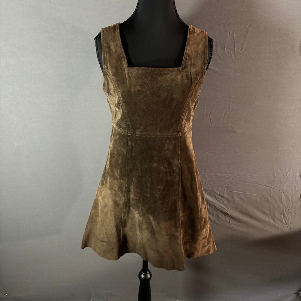 Cignal Suede‎ Square Neck Sleeveless Mini Dress Brown Made in Korea Small